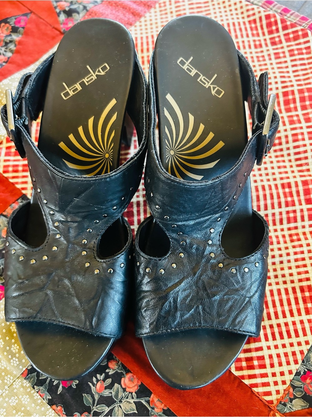 Dansko Black Leather Studded Mules with Buckle